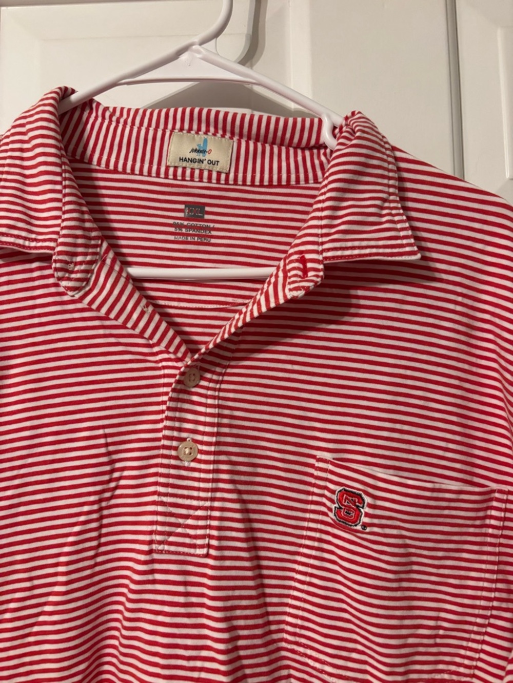 johnnie-O Red and White Stripe Polo with Pocket Embroidered 'S'